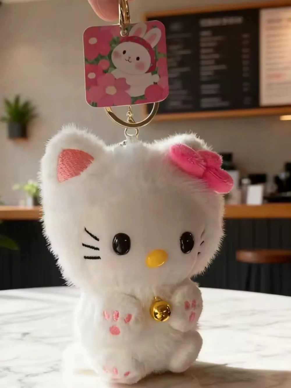 White Plush Cat Keychain with Pink Bow and Gold Bell - Kids Accessories
